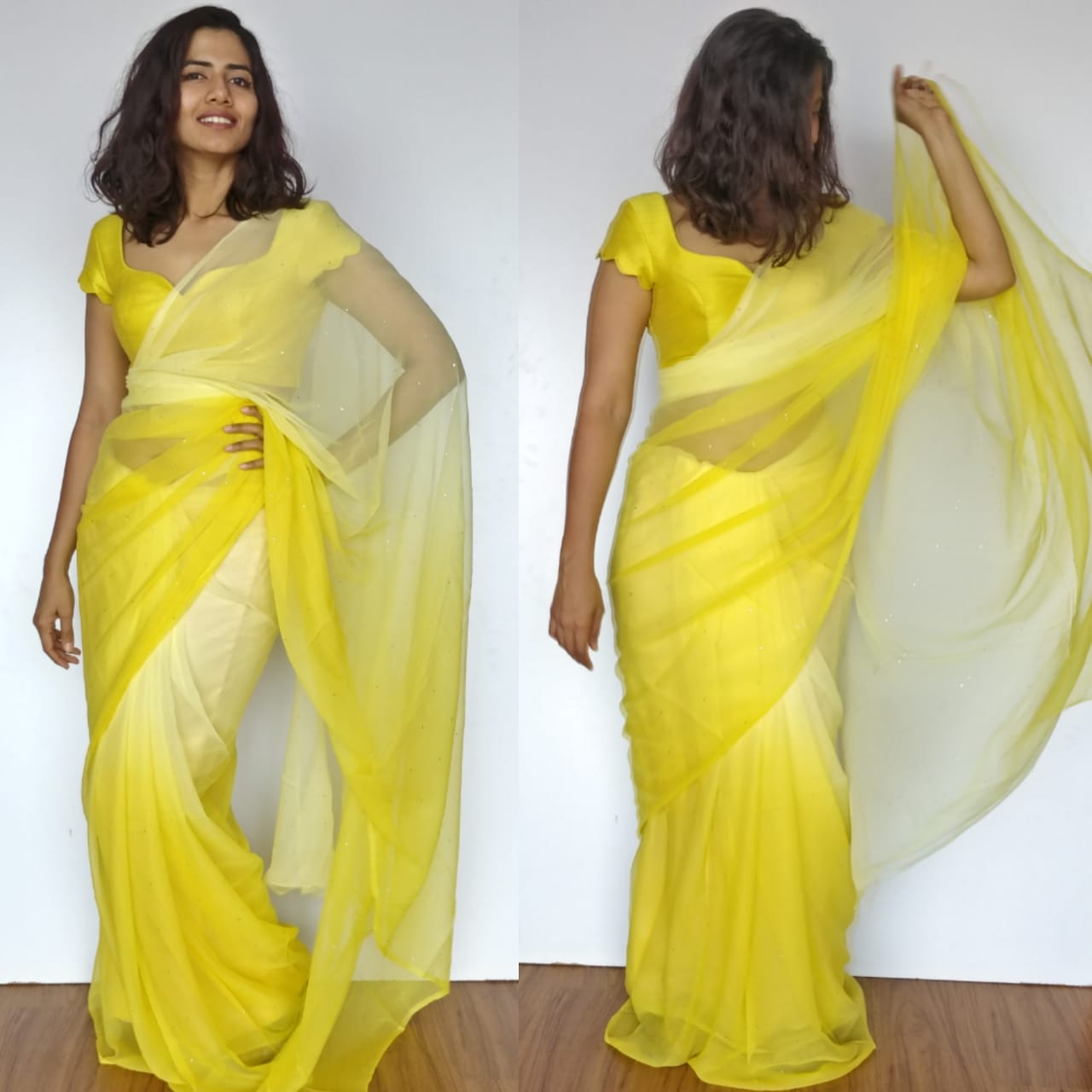 Buy Latha Puttanna Yellow Chiffon Hand Block Printed Saree With Blouse  Online | Aza Fashions