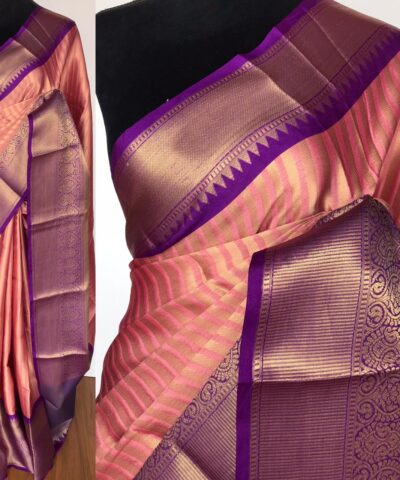 Creamy Pink Kora Silk Saree with Gold Zari Weaves