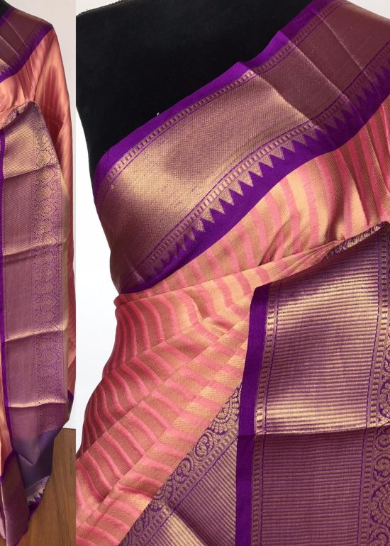 Creamy Pink Kora Silk Saree with Gold Zari Weaves
