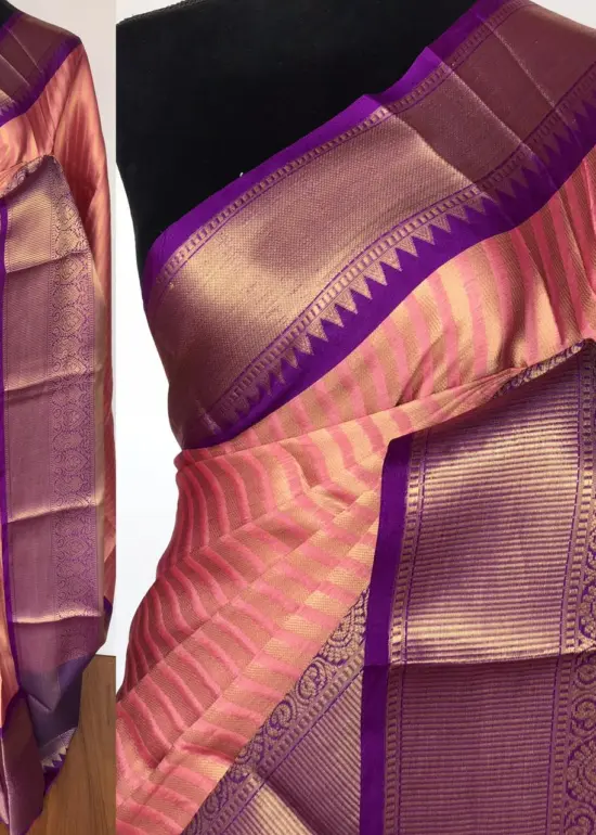 Creamy Pink Kora Silk Saree with Gold Zari Weaves