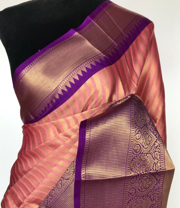 Creamy Pink Kora Silk Saree with Gold Zari Weaves