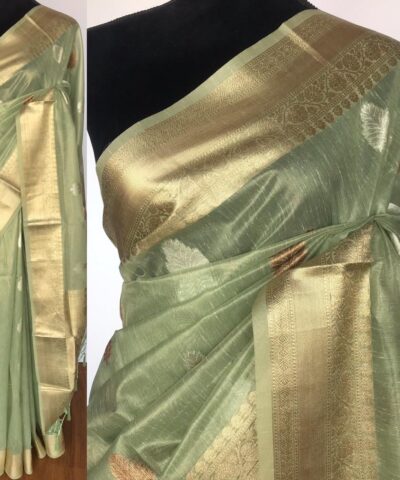 Sea Green Tissue Silk Saree with Gold and Silver Zari Buttas