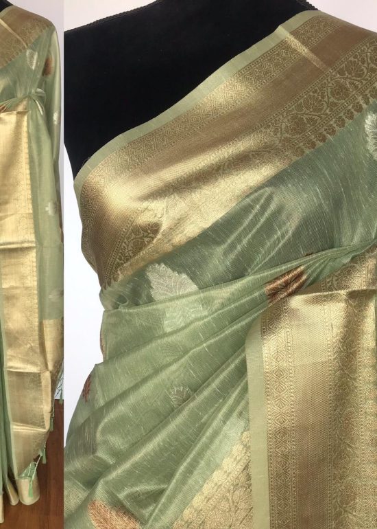 Sea Green Tissue Silk Saree with Gold and Silver Zari Buttas