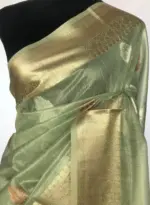 Sea Green Tissue Silk Saree with Gold and Silver Zari Buttas - Image 4