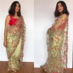 Pastel Green Designer Net Saree with Floral Embroidery