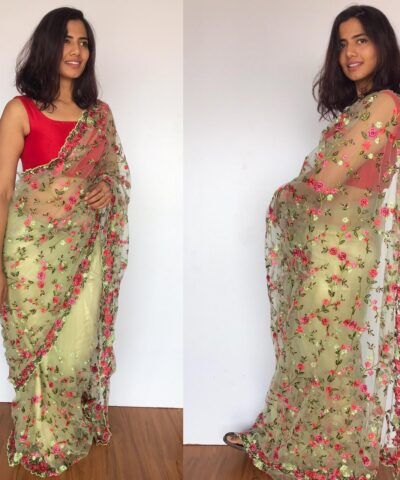 Pastel Green Designer Net Saree with Floral Embroidery