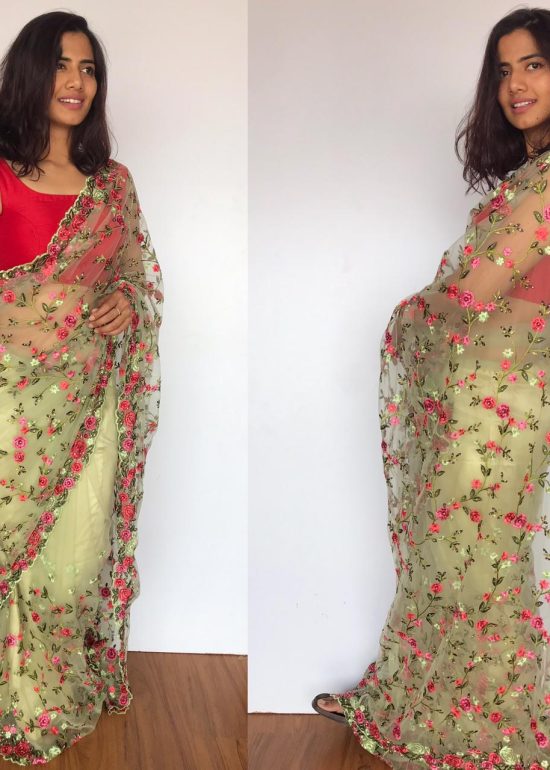 Pastel Green Designer Net Saree with Floral Embroidery