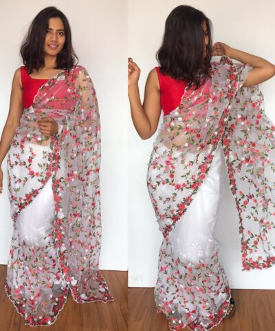 White Designer Net Saree with Floral Embroidery