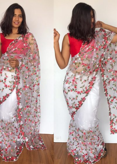 White Designer Net Saree with Floral Embroidery