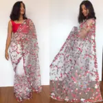 White Designer Net Saree with Floral Embroidery