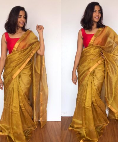 Mustard Mangalagiri Silk Saree handmade with silk border