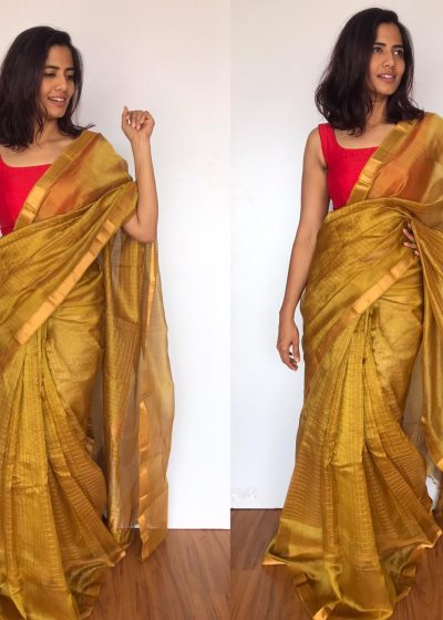 Mustard Mangalagiri Silk Saree handmade with silk border