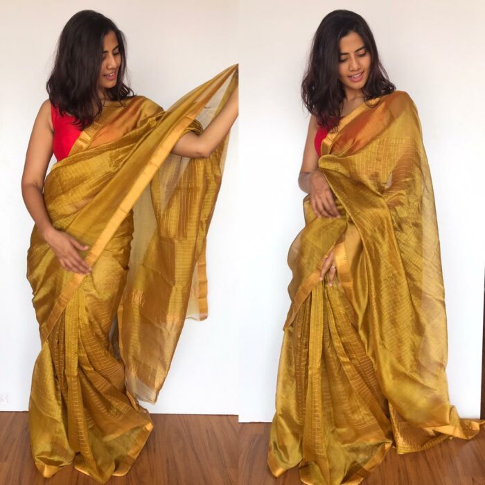 Mustard Mangalagiri Silk Saree handmade with silk border