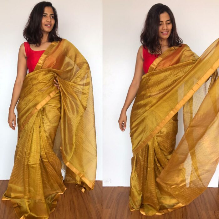 Mustard Mangalagiri Silk Saree handmade with silk border