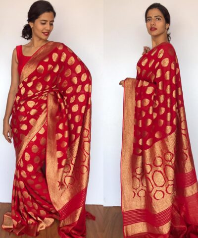 Scarlet Red Banarasi Silk Saree in Georgette adorned with Gold Zari Motifs