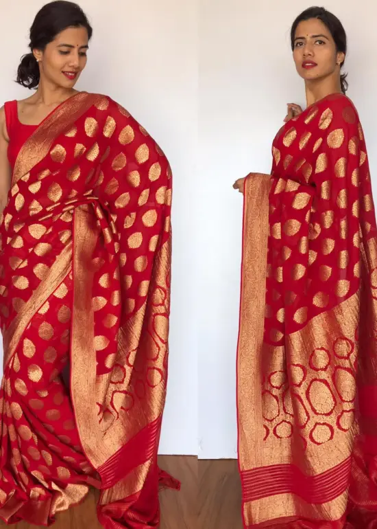 Scarlet Red Banarasi Silk Saree in Georgette adorned with Gold Zari Motifs