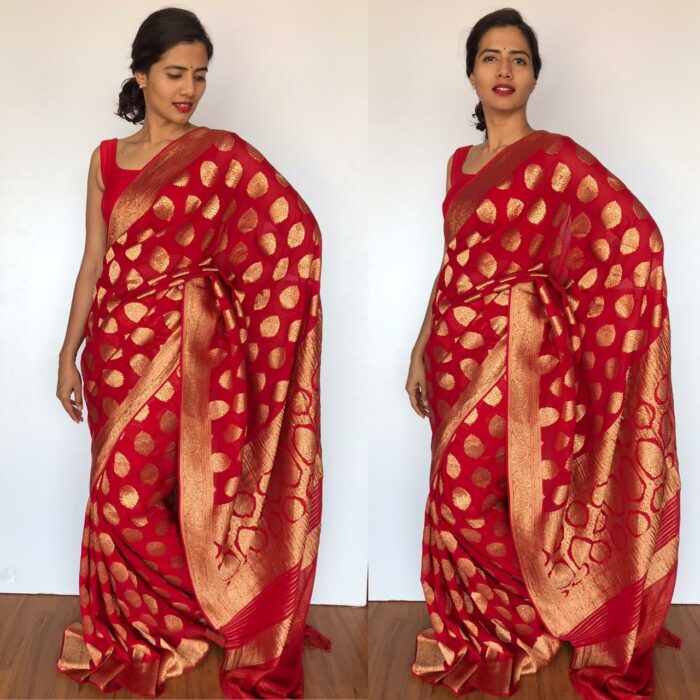 Scarlet Red Banarasi Silk Saree in Georgette adorned with Gold Zari Motifs