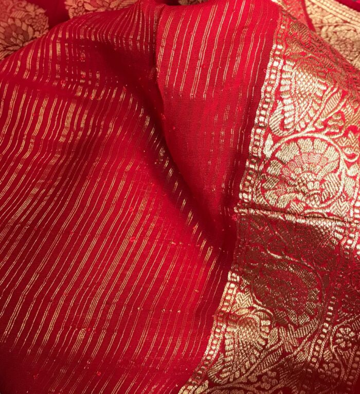 Scarlet Red Banarasi Silk Saree in Georgette adorned with Gold Zari Motifs