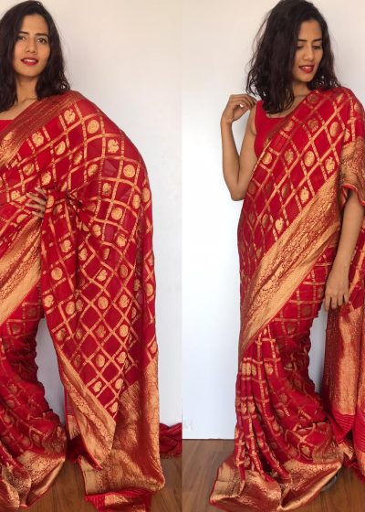 Scarlet Red Banarasi Silk Saree in Georgette adorned with Gold Zari Motifs