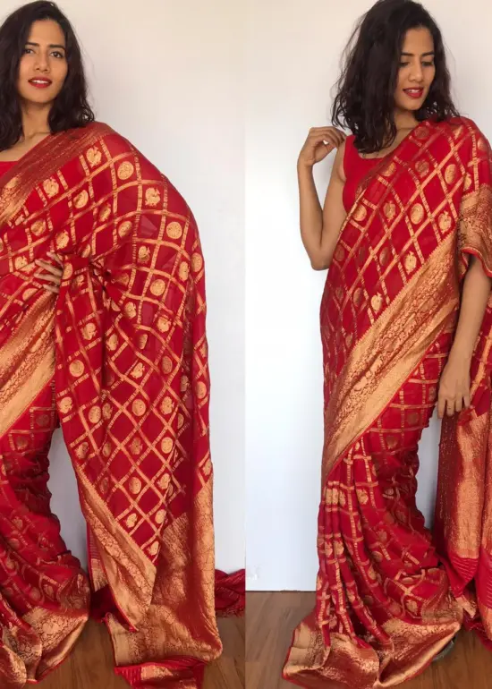Scarlet Red Banarasi Silk Saree in Georgette adorned with Gold Zari Motifs
