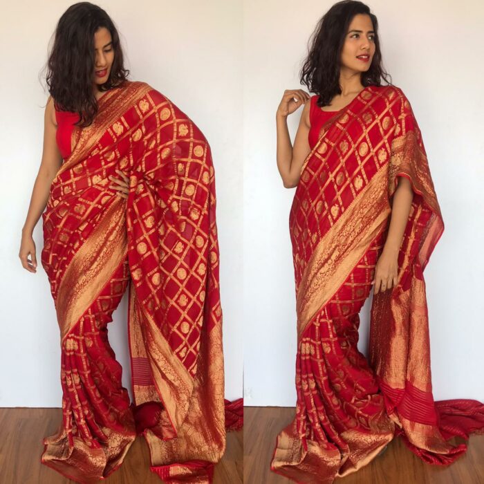 Scarlet Red Banarasi Silk Saree in Georgette adorned with Gold Zari Motifs