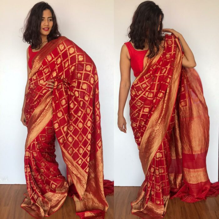 Scarlet Red Banarasi Silk Saree in Georgette adorned with Gold Zari Motifs