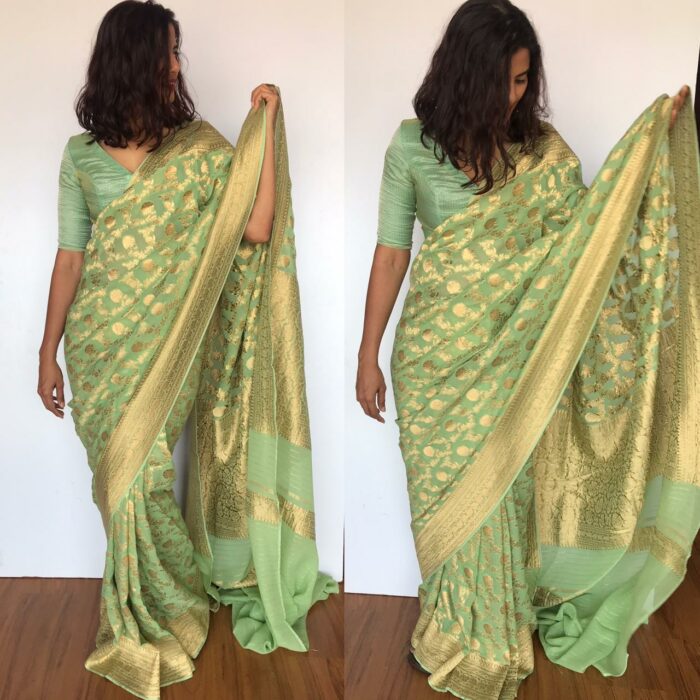 Sea Green Banarasi Silk Saree in Georgette adorned with Gold Zari Motifs