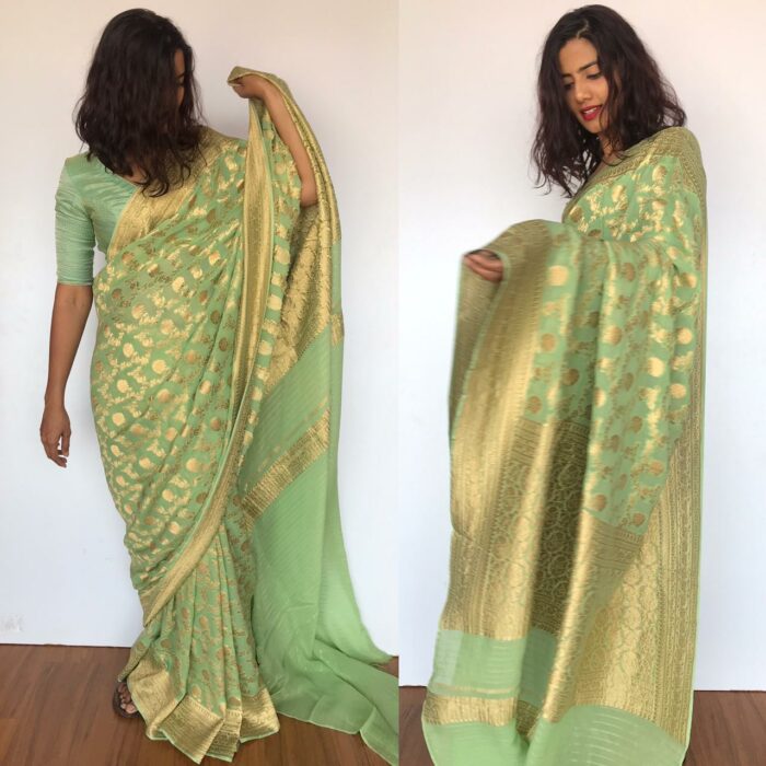 Sea Green Banarasi Silk Saree in Georgette adorned with Gold Zari Motifs
