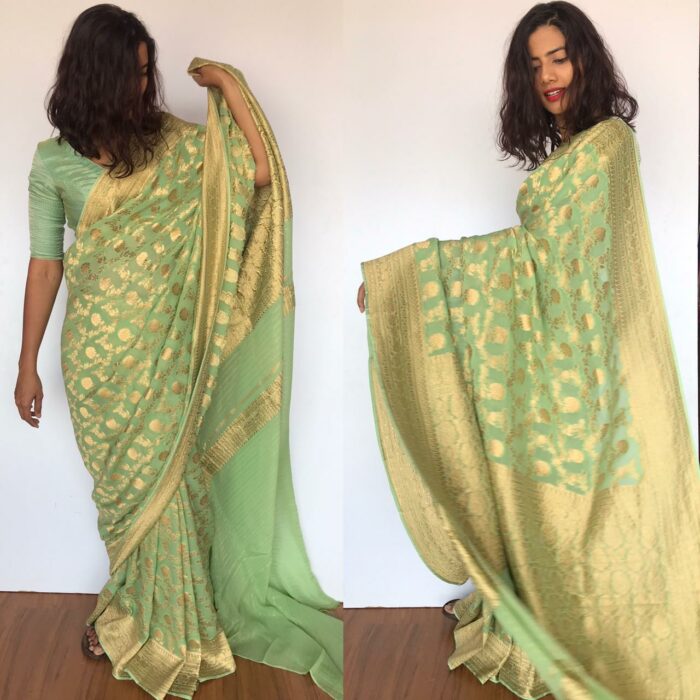 Sea Green Banarasi Silk Saree in Georgette adorned with Gold Zari Motifs