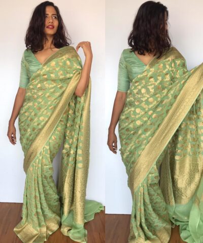 Sea Green Banarasi Silk Saree in Georgette adorned with Gold Zari Motifs