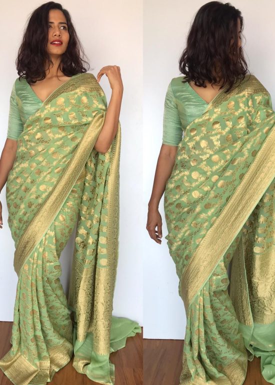 Sea Green Banarasi Silk Saree in Georgette adorned with Gold Zari Motifs