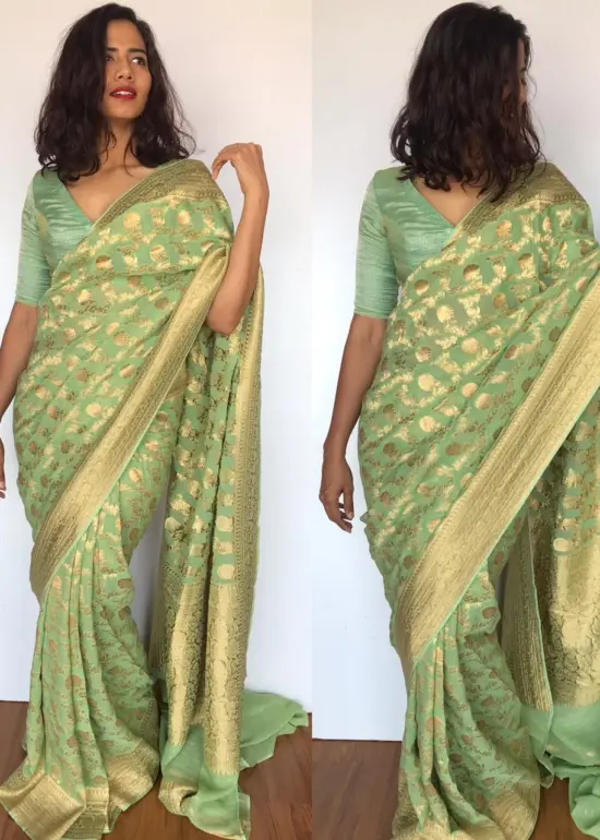 Sea Green Banarasi Silk Saree in Georgette adorned with Gold Zari Motifs