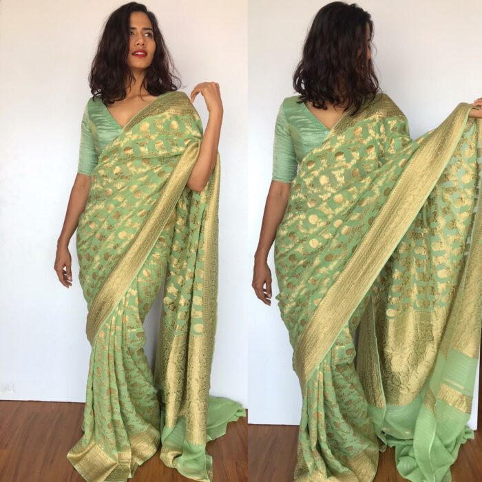 Ivory Banarasi Silk Saree in Georgette adorned with Gold Zari Motifs