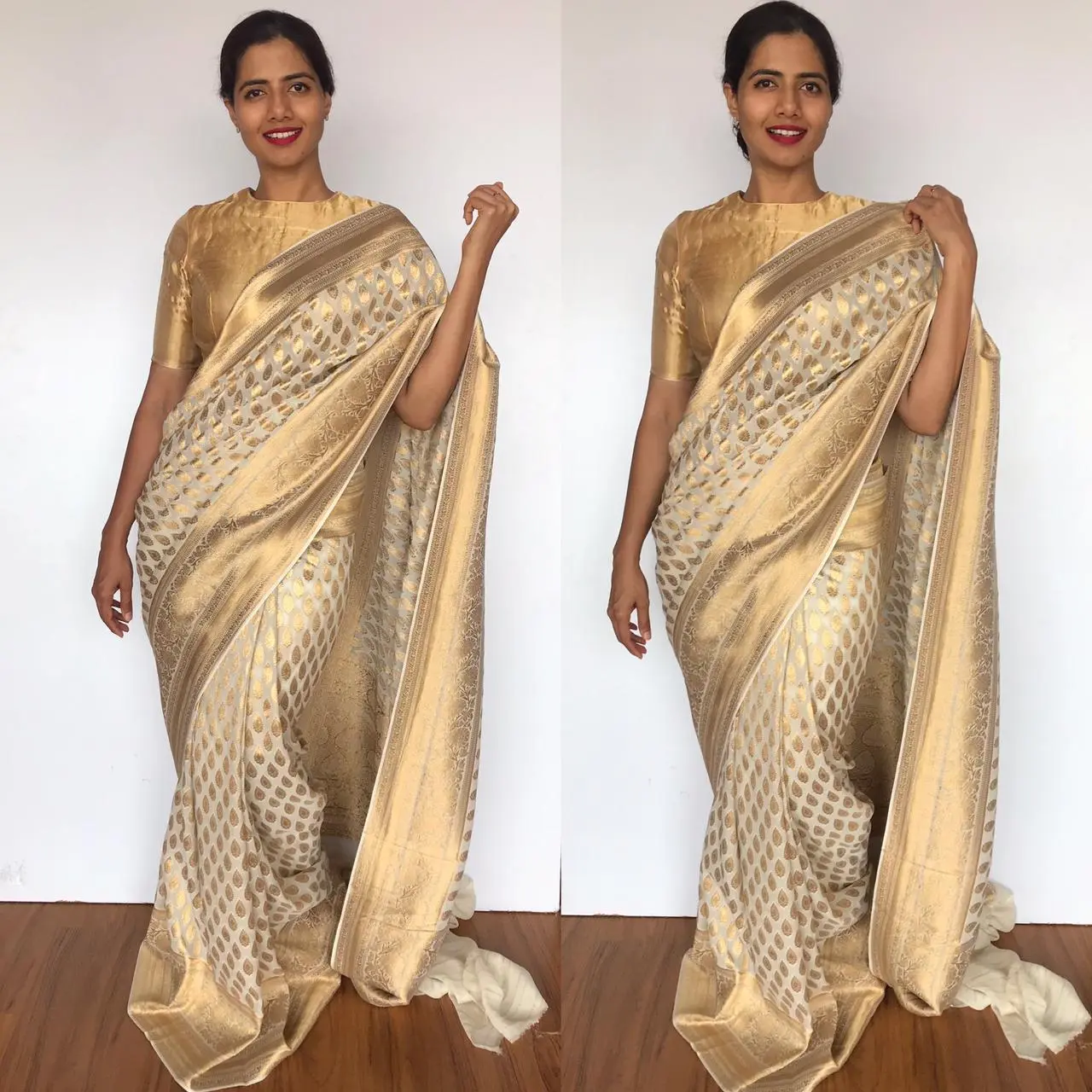 Ivory Banarasi Silk Saree in Georgette adorned with Gold Zari Motifs