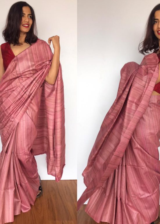 Dusty Pink Handwoven Tussar Silk Saree
