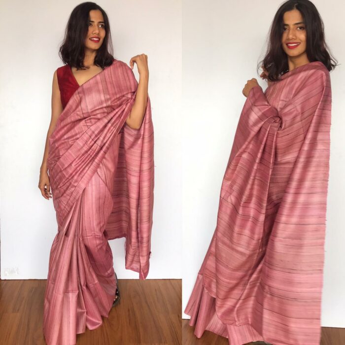 Dusty Pink Handwoven Tussar Silk Saree