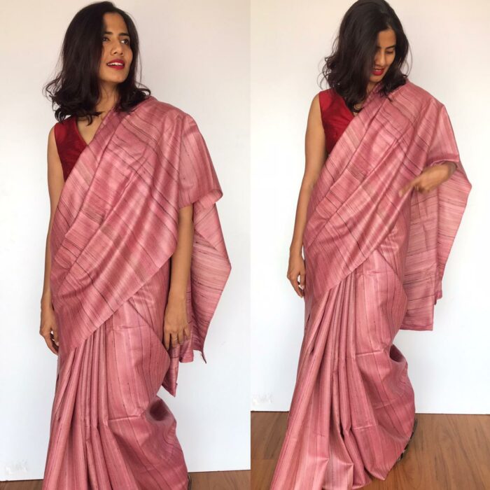 Dusty Pink Handwoven Tussar Silk Saree