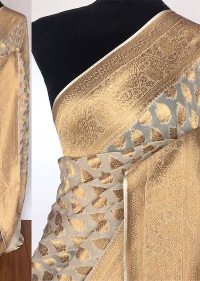 Ivory Banarasi Silk Saree in Georgette adorned with Gold Zari Motifs