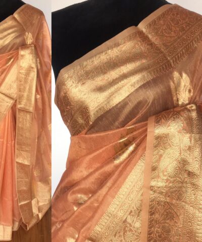 Peach  Tissue Silk Saree with Gold and Silver Zari Buttas