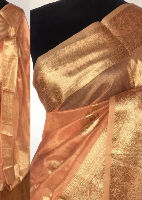Peach  Tissue Silk Saree with Gold and Silver Zari Buttas