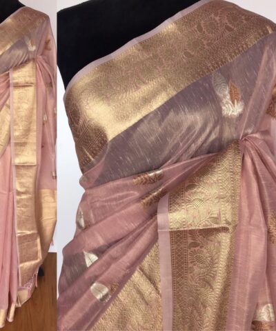 Baby pink Tissue Silk Saree with Gold and Silver Zari Buttas