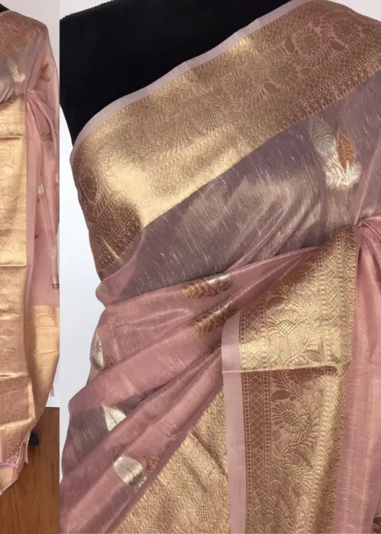 Baby pink Tissue Silk Saree with Gold and Silver Zari Buttas