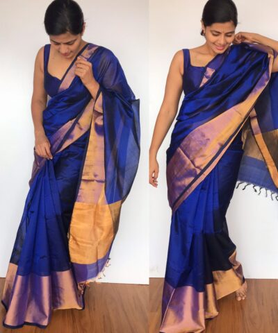 Royal Blue Mangalagiri Silk Saree handmade