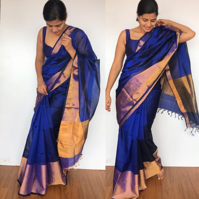 Royal Blue Mangalagiri Silk Saree handmade - Mirra Clothing
