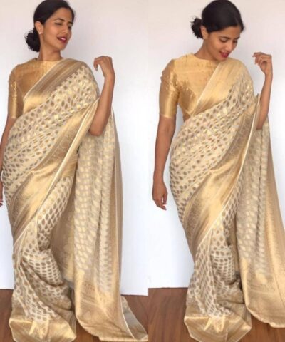 Ivory Banarasi Silk Saree in Georgette adorned with Gold Zari Motifs
