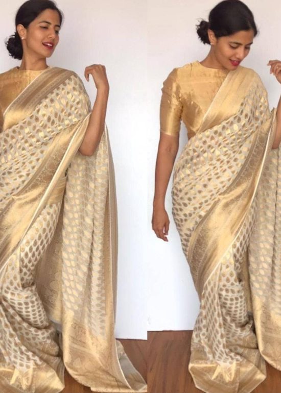 Ivory Banarasi Silk Saree in Georgette adorned with Gold Zari Motifs
