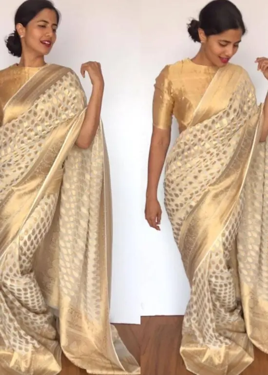 Ivory Banarasi Silk Saree in Georgette adorned with Gold Zari Motifs