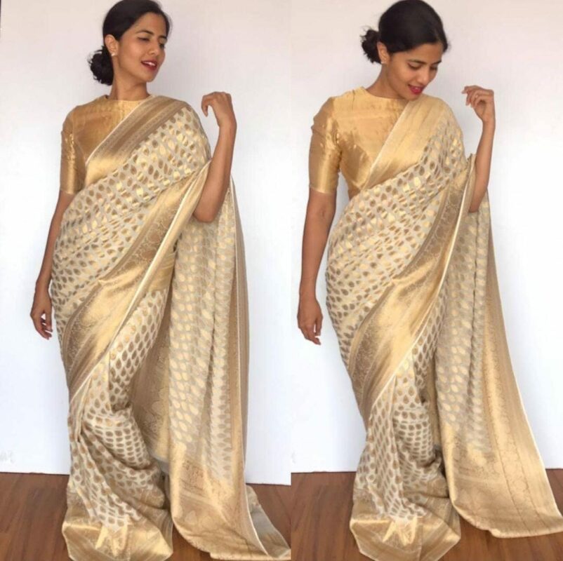 Ivory Banarasi Silk Saree in Georgette adorned with Gold Zari Motifs ...