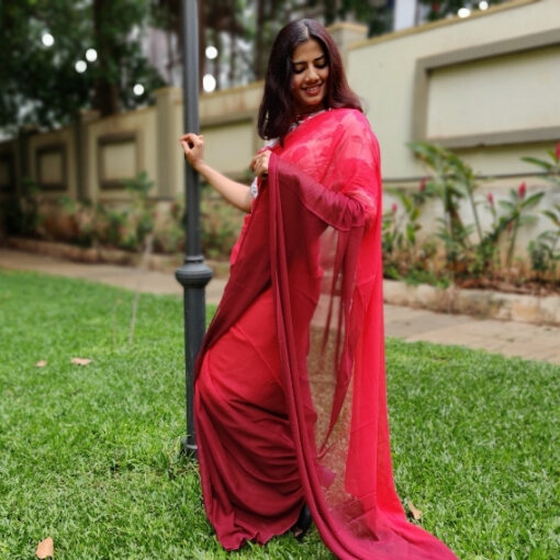 Strawberry Pink Dual Shaded Georgette Saree with Stitched Blouse