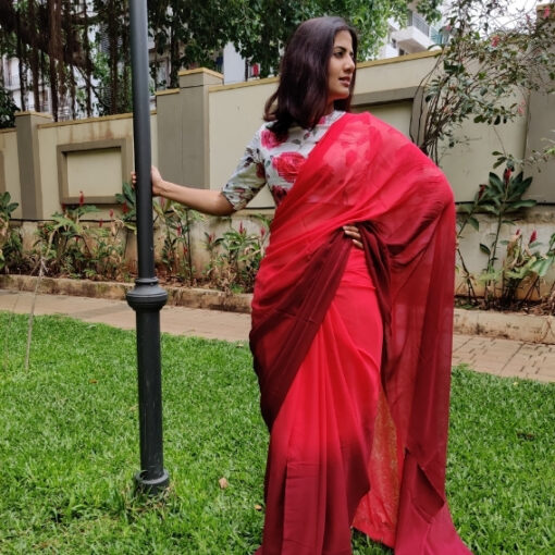 Strawberry Pink Dual Shaded Georgette Saree with Stitched Blouse